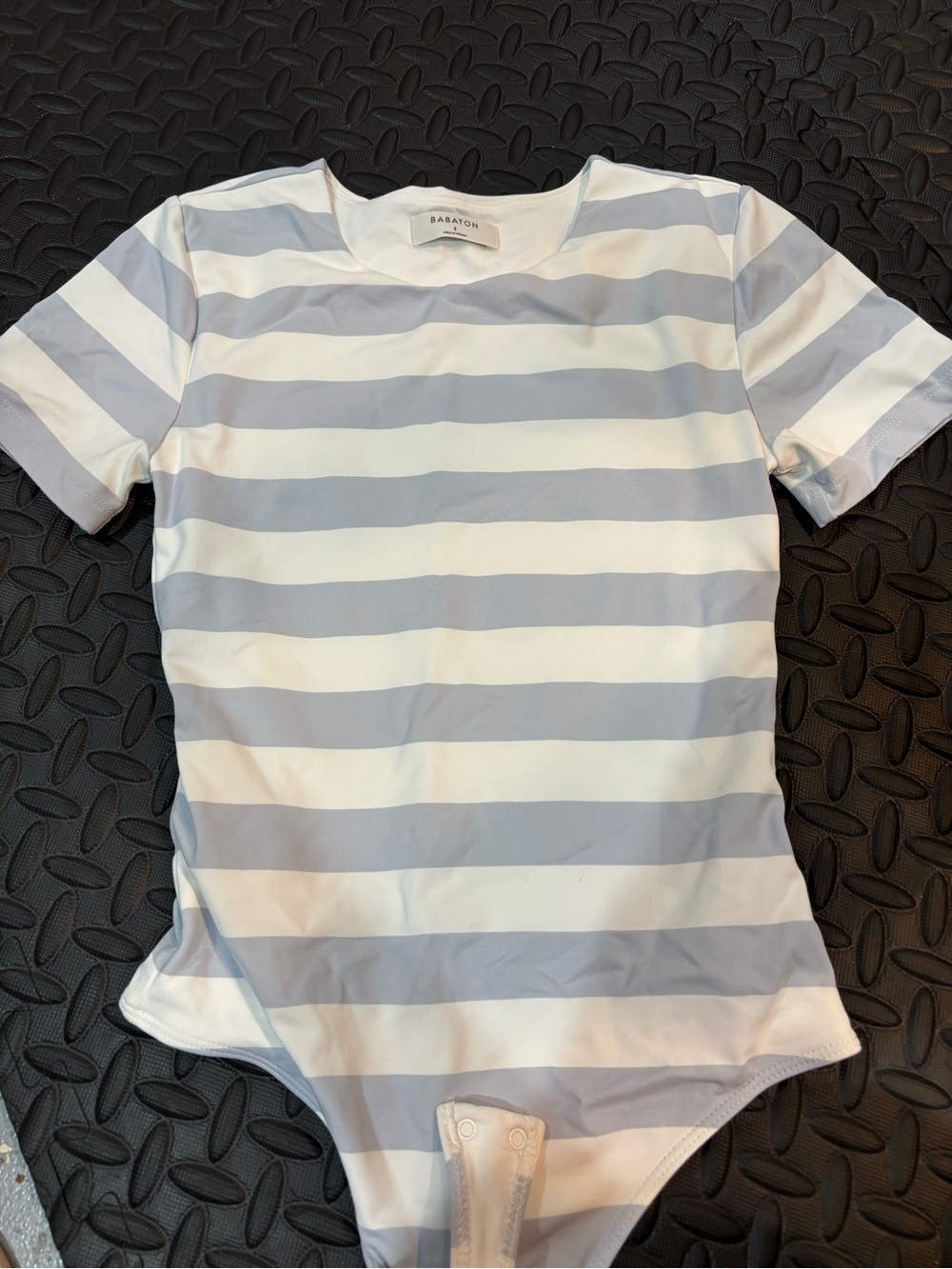 Babaton Striped Short Sleeve Bodysuit in Light blue & White